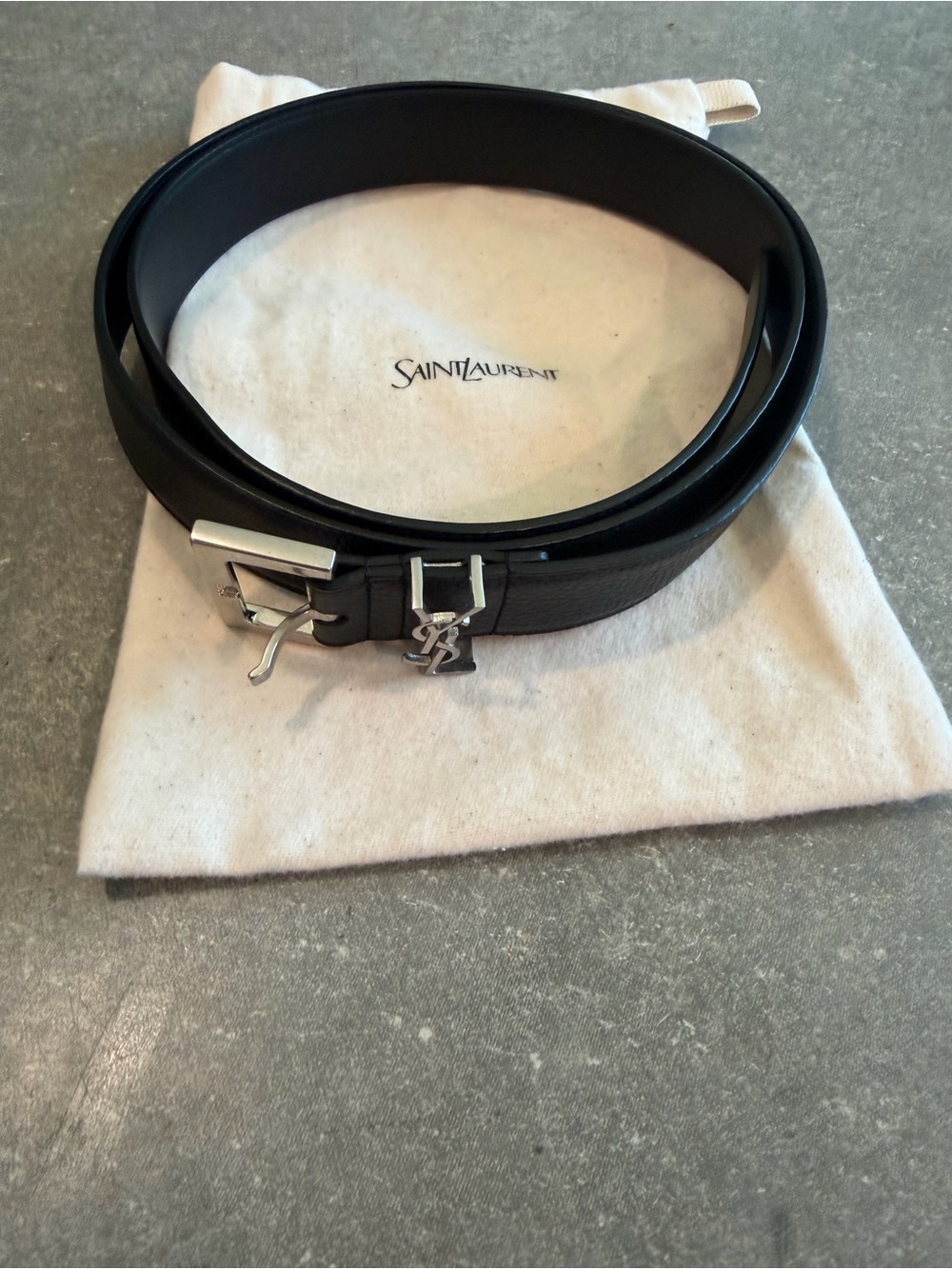 Saint Laurent Black Leather Belt with Silver YSL Initials
